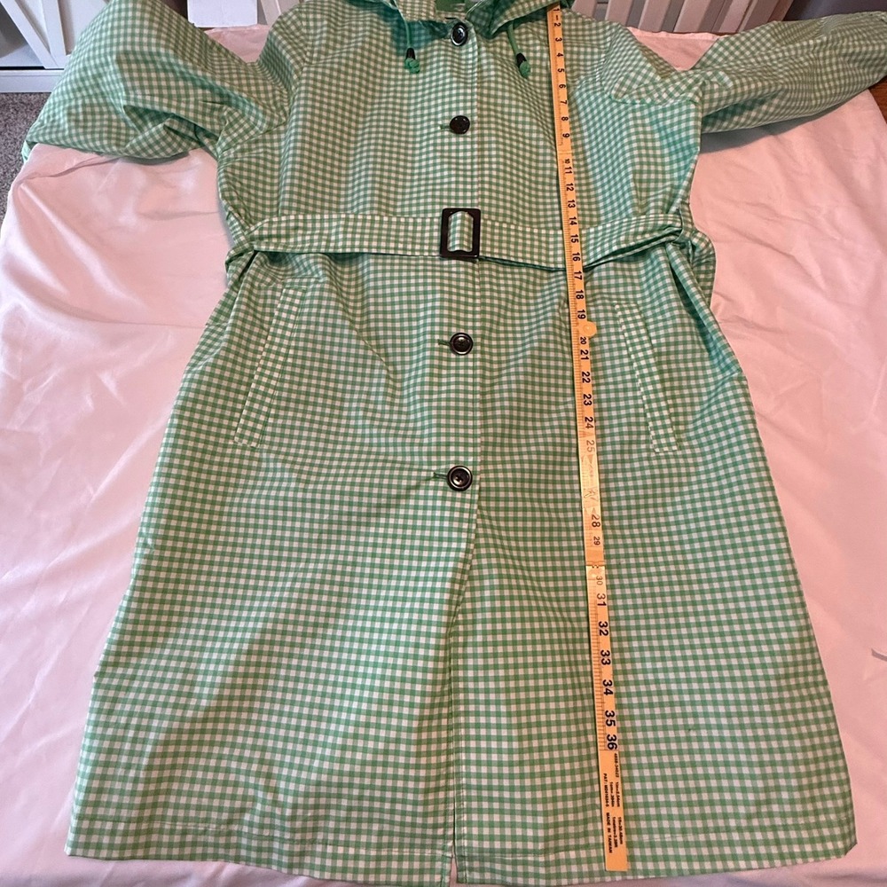 Lands End Green Gingham Hooded Raincoat Trench Belted Plus Size 1X 16W-18W - Picture 7 of 16